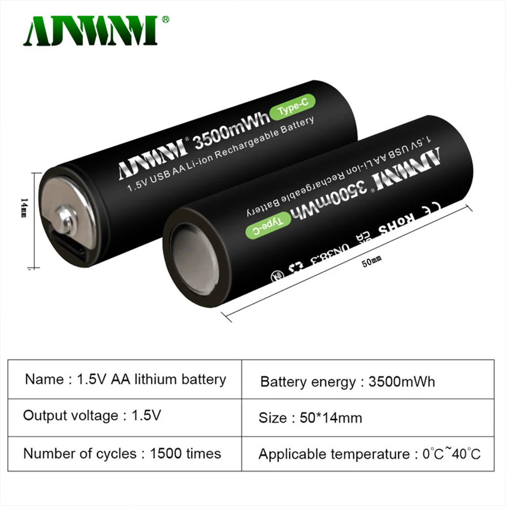 AJNWNM - 1.5V Lithium-ion Rechargeable AA 3500mWh Battery for Remote Control Wireless Toy TYPE-C+ USB Cable