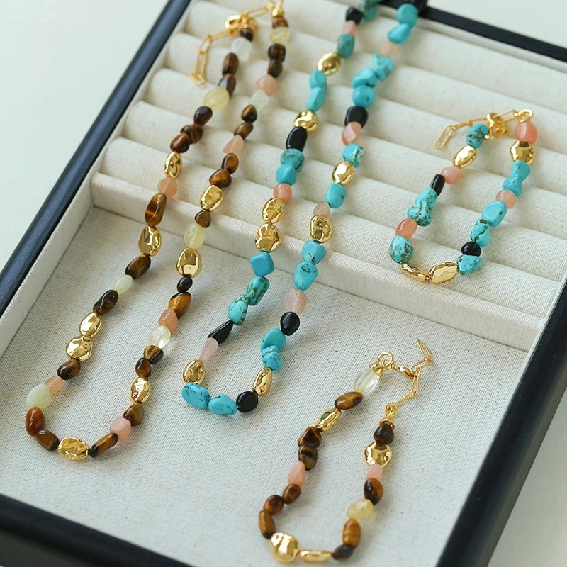 

Autumn Winter Classic Niche Design Classic Tiger Eye Stone Turquoise Strand Necklace Bracelet for Women Fashion Versatile New