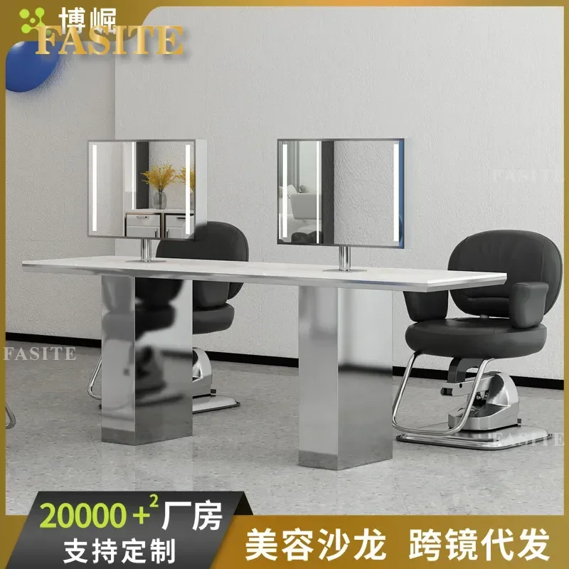 For Hair Stainless Steel Mirror Table Barber Shop Perm Dyeing Area Cutting Station Modern Vanity Desk with Storage