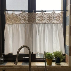 French Country White Linen Yarn Curtains  Stitching Hollow Crochet Half CurtainLace Rope Tether Top Short Curtains For Kitchen