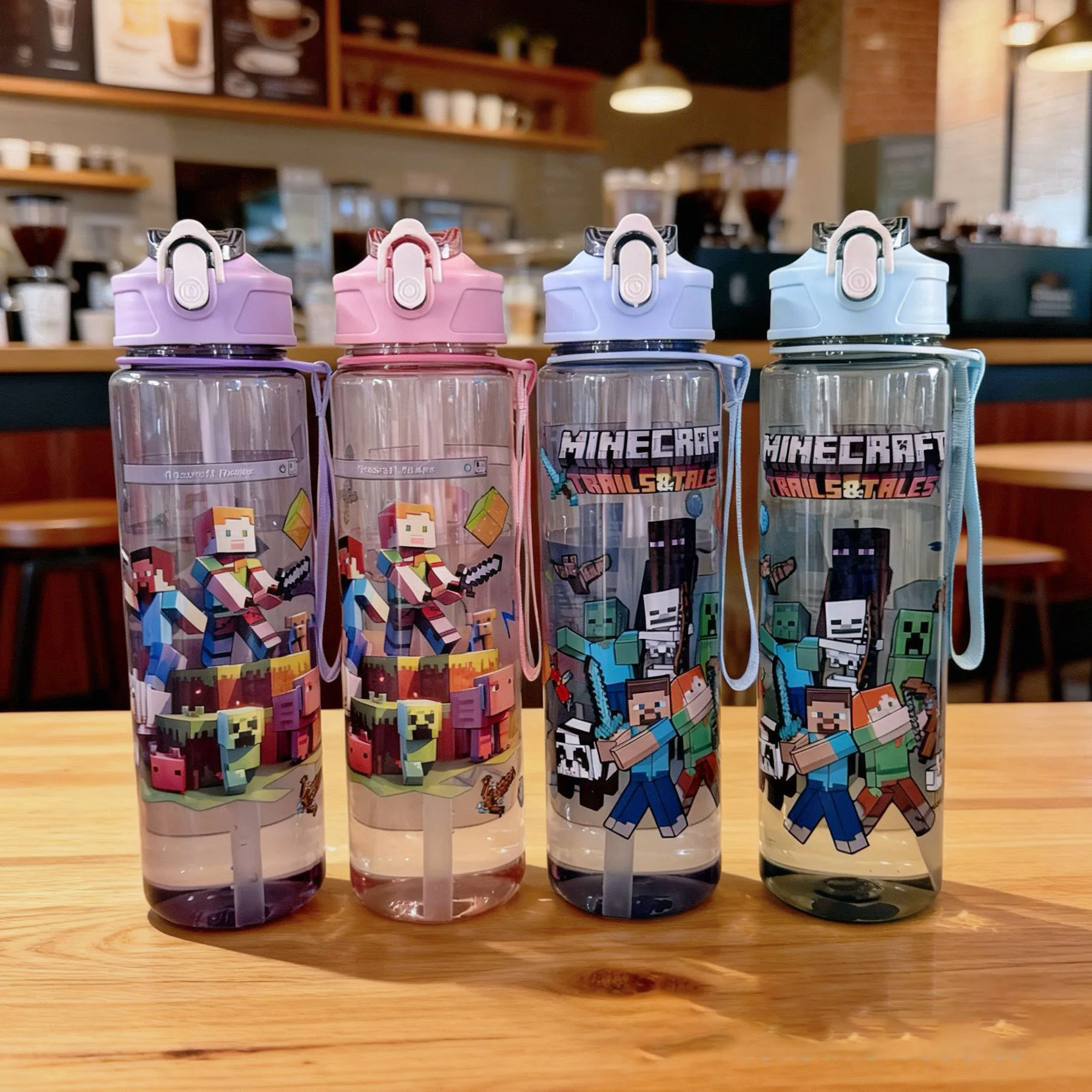 750ML Cartoon Minecraft Game Male Student Straw Cup Portable Carrying Rope Outdoor Sports Plastic Cup