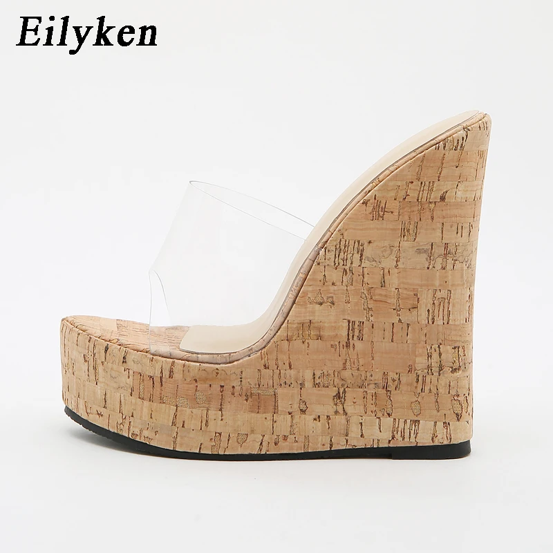 Eilyken Elegant Open Toe PVC Transparent Wood Grain Wedge Woman Slippers Fashion Ladies Outdoor Beach High Heel Slide Shoes