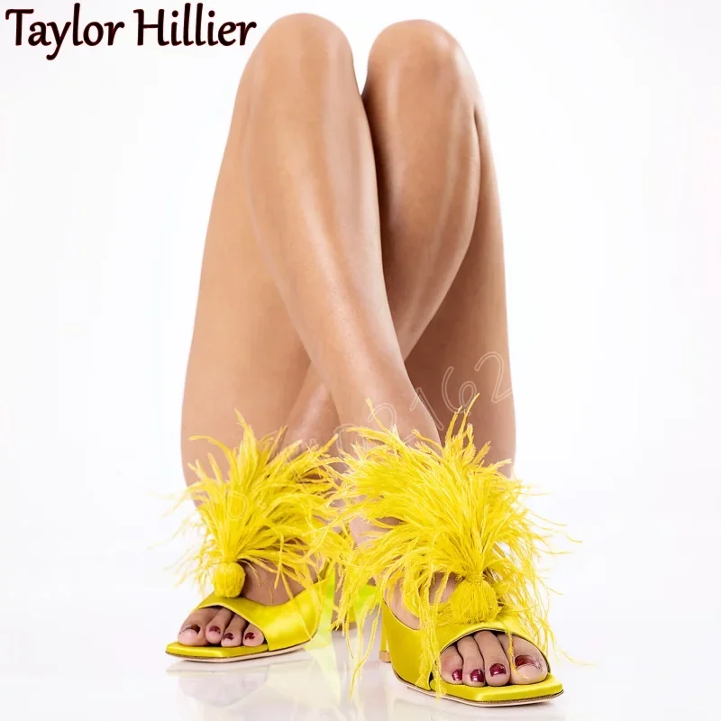 

Новые летние меховые тапочки с квадратным носком, открытый носок, подковообразный каблук, модные вечерние платья на высоком каблуке с неглубоким носком, вечерние сандалии, тапочки