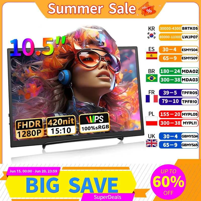 Monitor portátil de 10.5 polegadas, 1280p, 100% srgb, 420cd/m2, com alto-falantes duplos, mini interface hdmi para laptop, pc, ps4, console de jogos