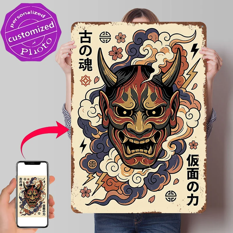 Japanese Oni Mask Art Poster Retro 3D Printed Metal Signs Customized Wall Hanging Gift for Modern Home Decoration Luxury Decor