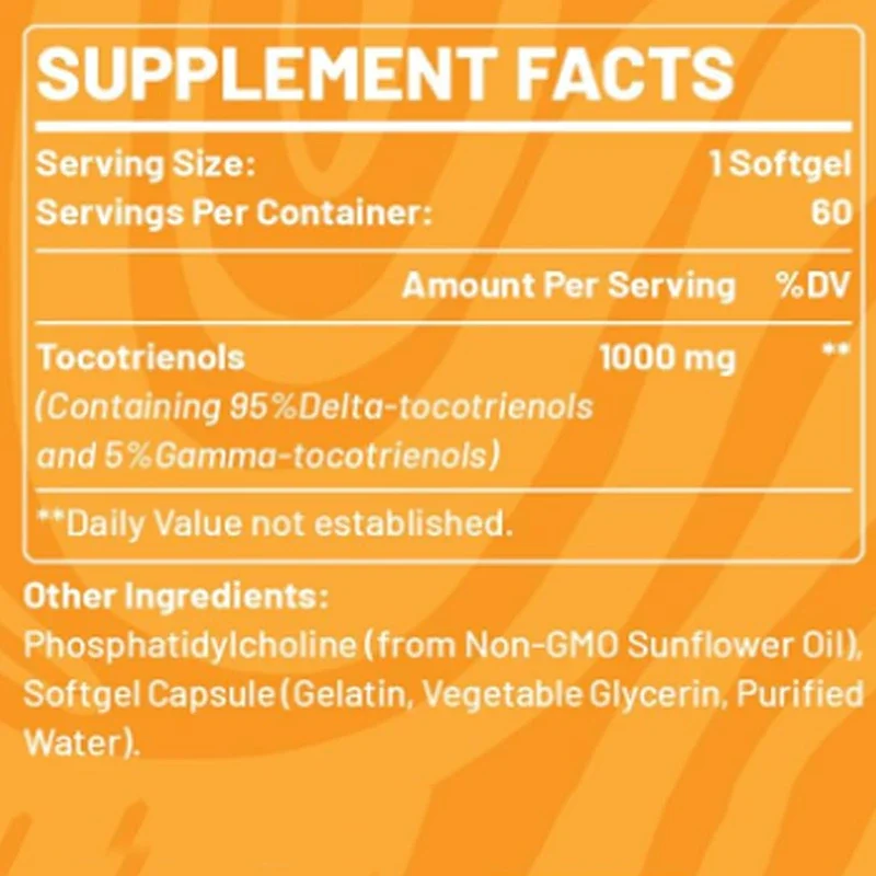 Liposomal Tocotrienol 1000mg -95% Delta and 5% Gamma Tocotrienol Capsules Support Skin and Bone, 60 Capsules