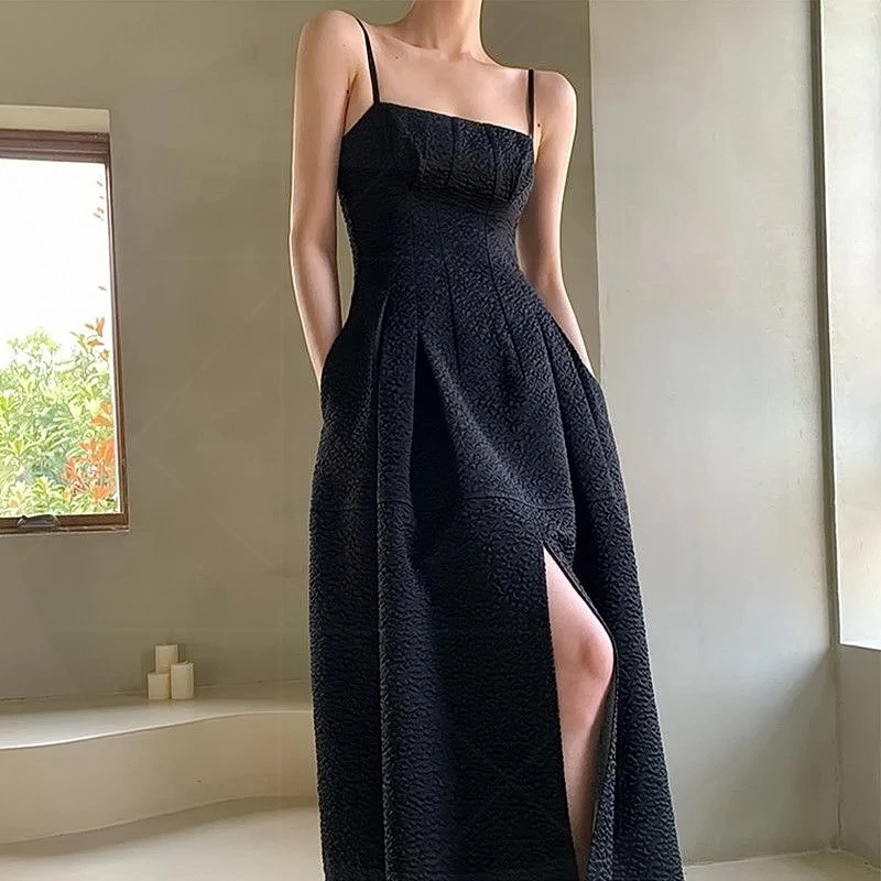 Vintage Black Sling Dress Women Hepburn Style French Split Waist Slim Jacquard Dresses Summer 2024 New Fashion Female's Clothing