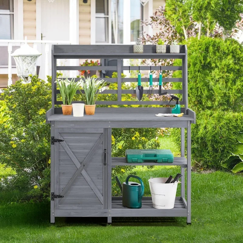 Outdoor Potting Bench, Large Horticulture Work Table Workstation with Storage Cabinet Shelf & Planting Working Console