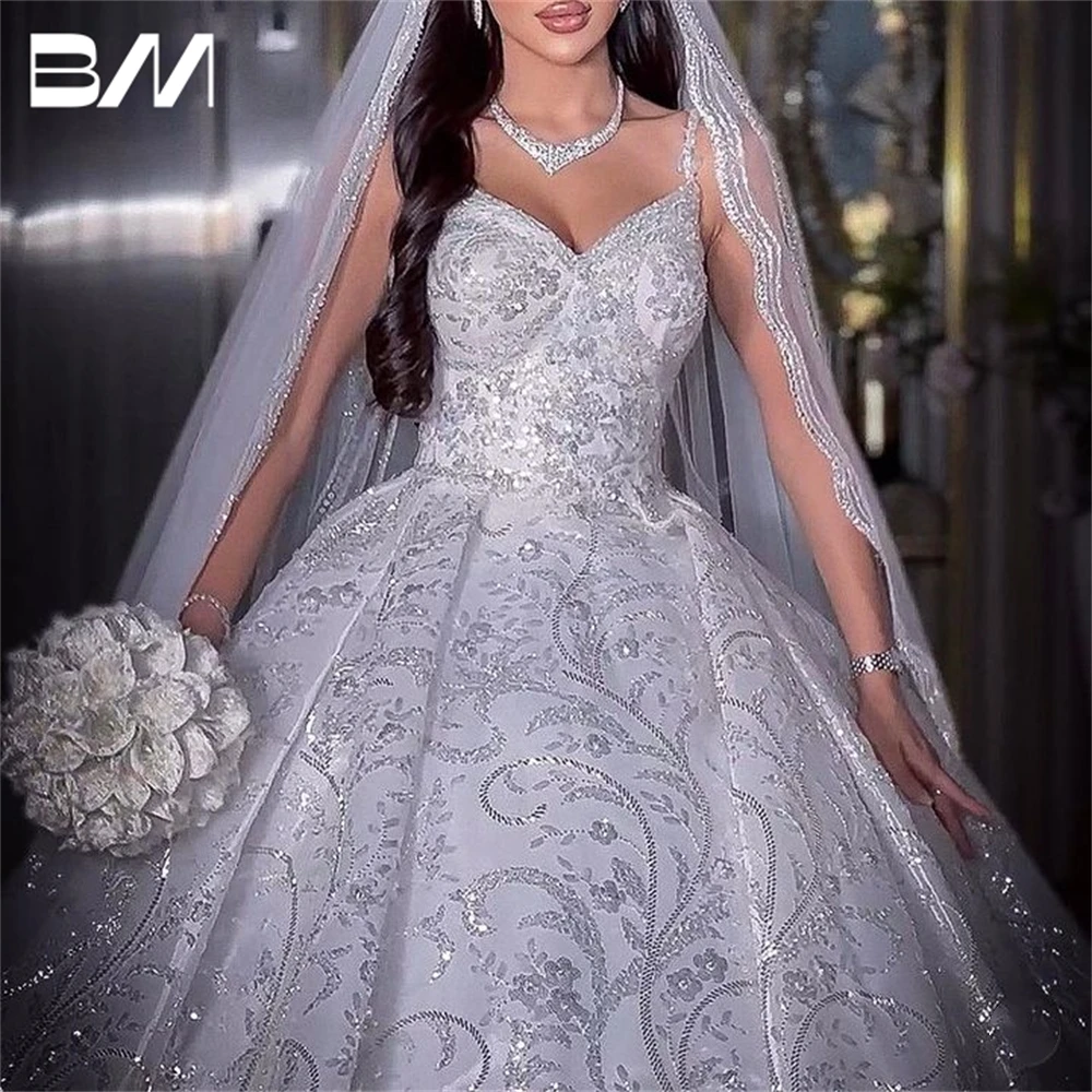 

Spaghetti Straps Beading Luxury Bridal Gown Sleeveless Ballgown Wedding Dresses For Women Cathedral Train Bride Dresses