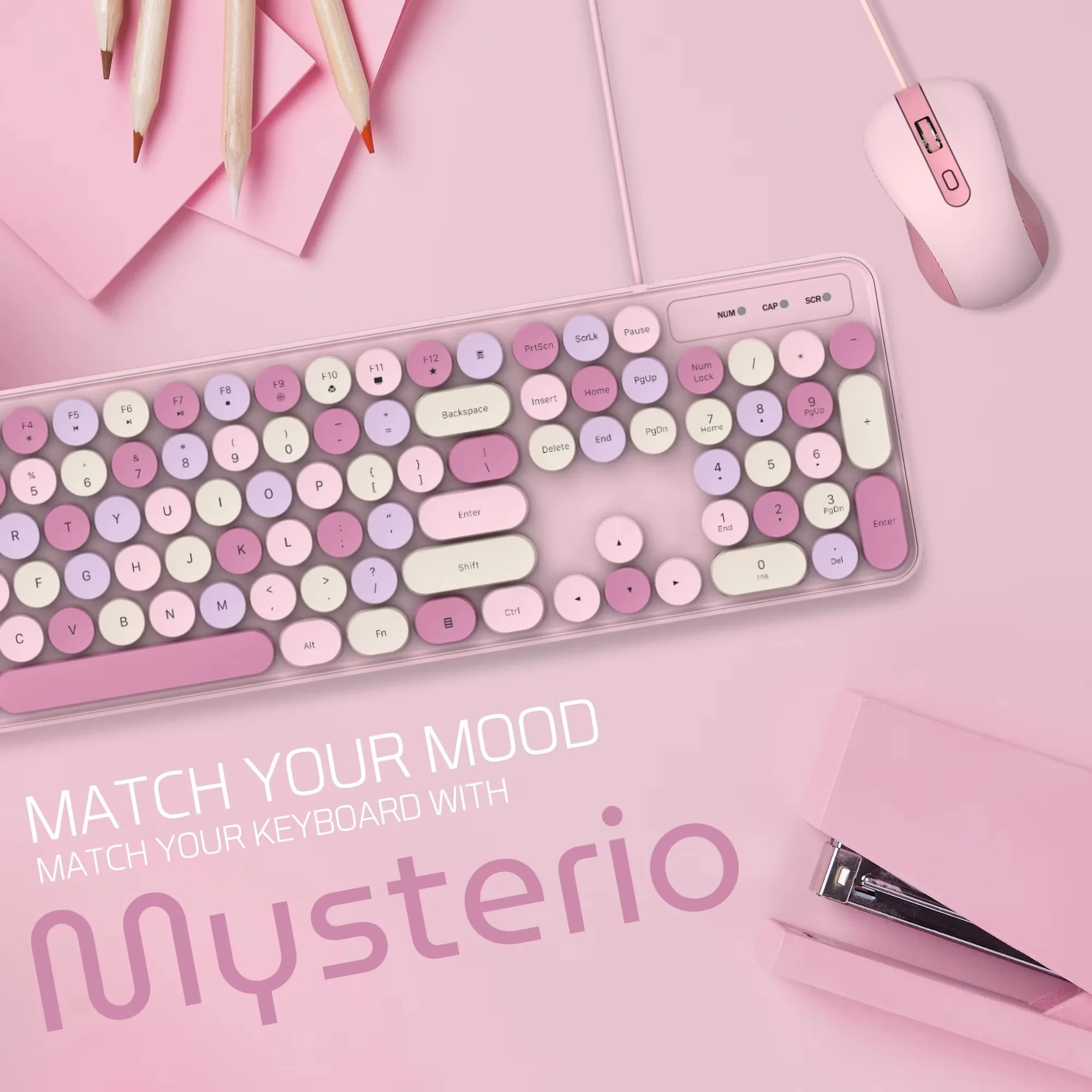 105-Key 2.4G Silent Colorful Pink Wireless Keyboard and Mouse Set – Cute Typewriter Style Round Keycaps