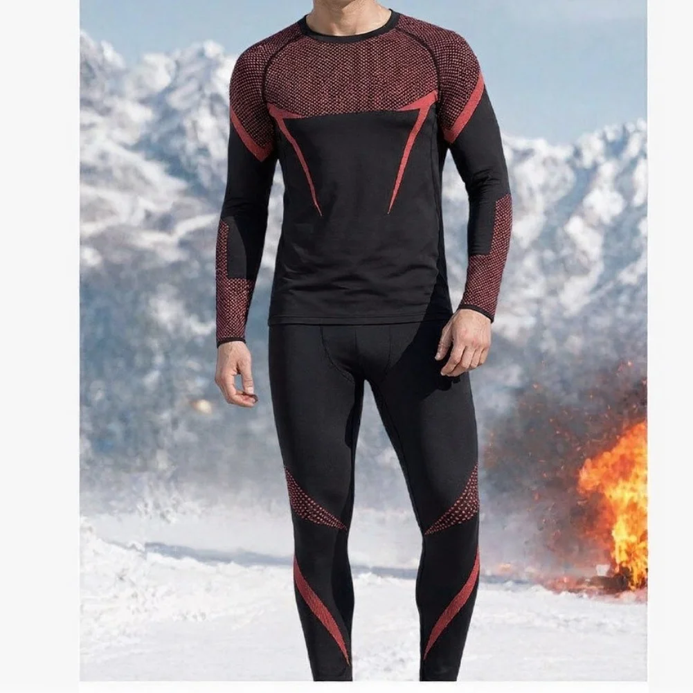 Men's Fleece Thermal Underwear Set Long Johns Base Layer for Skiing Cycling Winter Warm Tops Bottoms Black Red L to 4XL