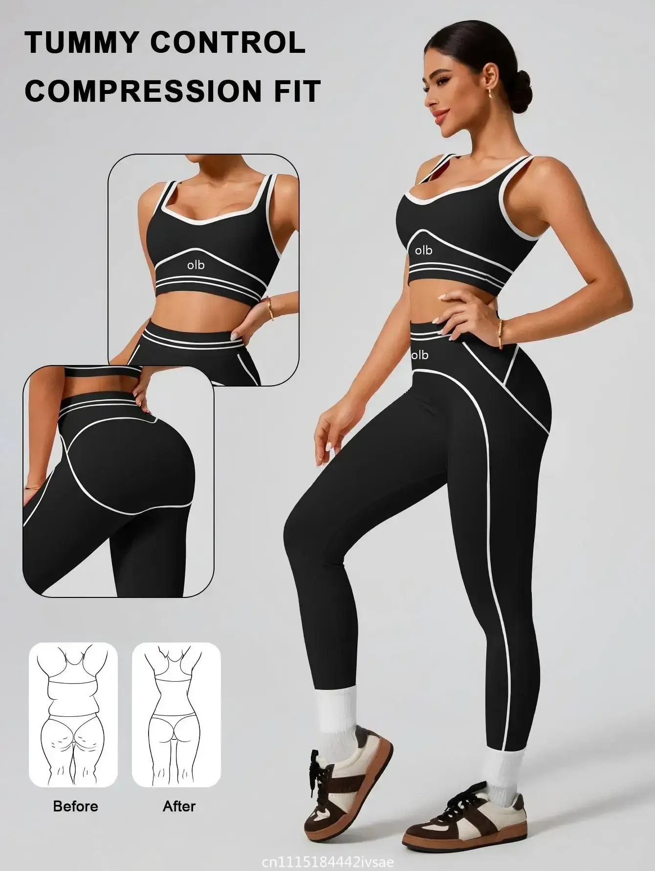 Women Contrast White Line 2 Piece Yoga Outfit U Neck Sports Bra Crop Top High Waist Seamless Leggings Gym Running Fitness Workou
