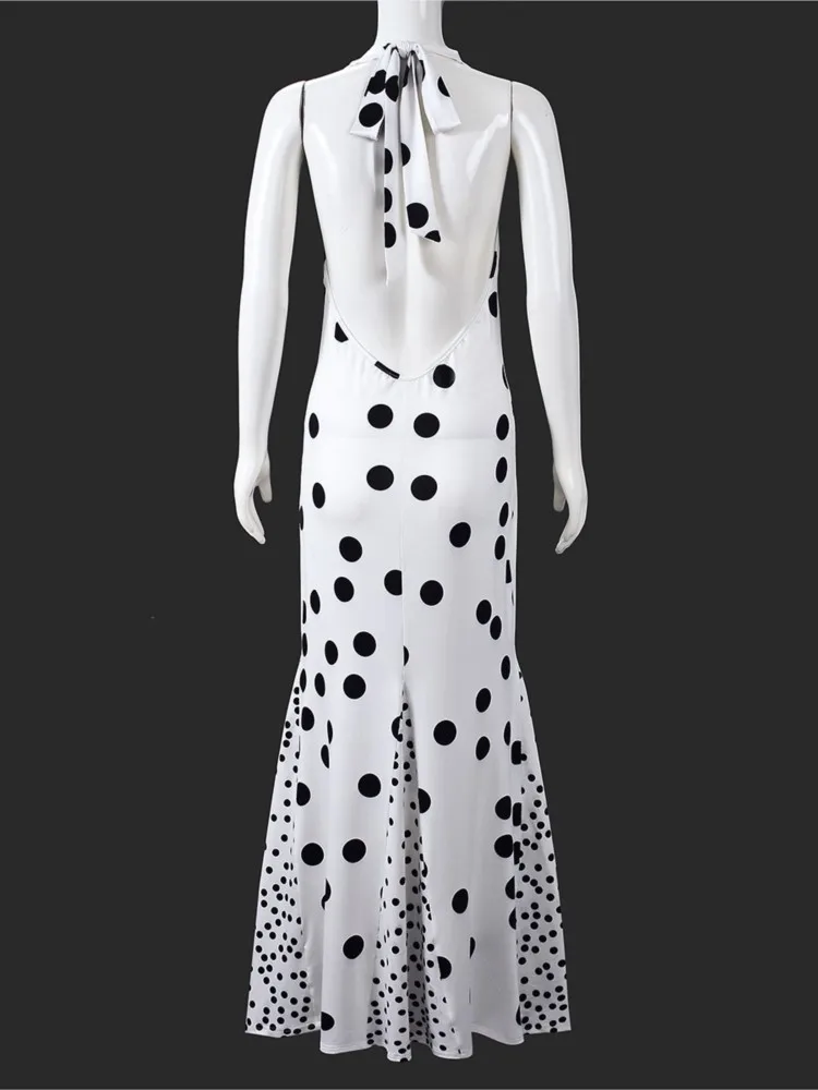 Elegant Women Dress Summer Autumn Fashion Simple Polka Dot Sleeveless Cinched Waist Maxi Bodycon Streetwear Soft Vestidos