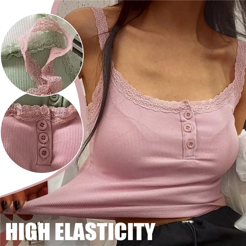 2024 Women Sexy Lace Solid Color Knit Tank Top Vest Camisole With Chest Pad Crop Tops Sleeveless T Shirt Female Slim Undershirt