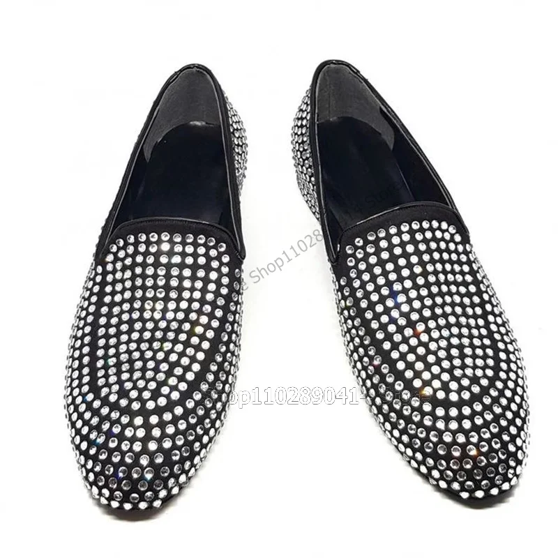 Silver Rhinestone Decor Round Toe Low Top Loafers Fashion Slip On Men Shoes Luxury Handmade Party Wedding Office Men Dress Shoes