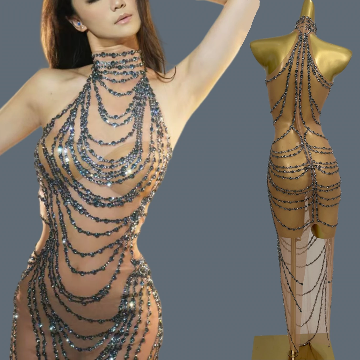 Sexy strass ver através de malha vestido longo para mulheres aniversário celebrar jantar festa vestido de noite fotografia wear qianceng