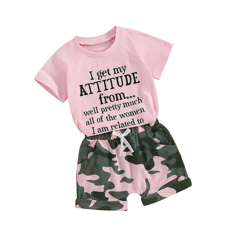 WZTYYDS Toddler Kids Baby Girl Summer Clothes 1T 2T 3T 4T 5T Letter Print Short Sleeve T-Shirt Tops Camouflage Shorts Outfits