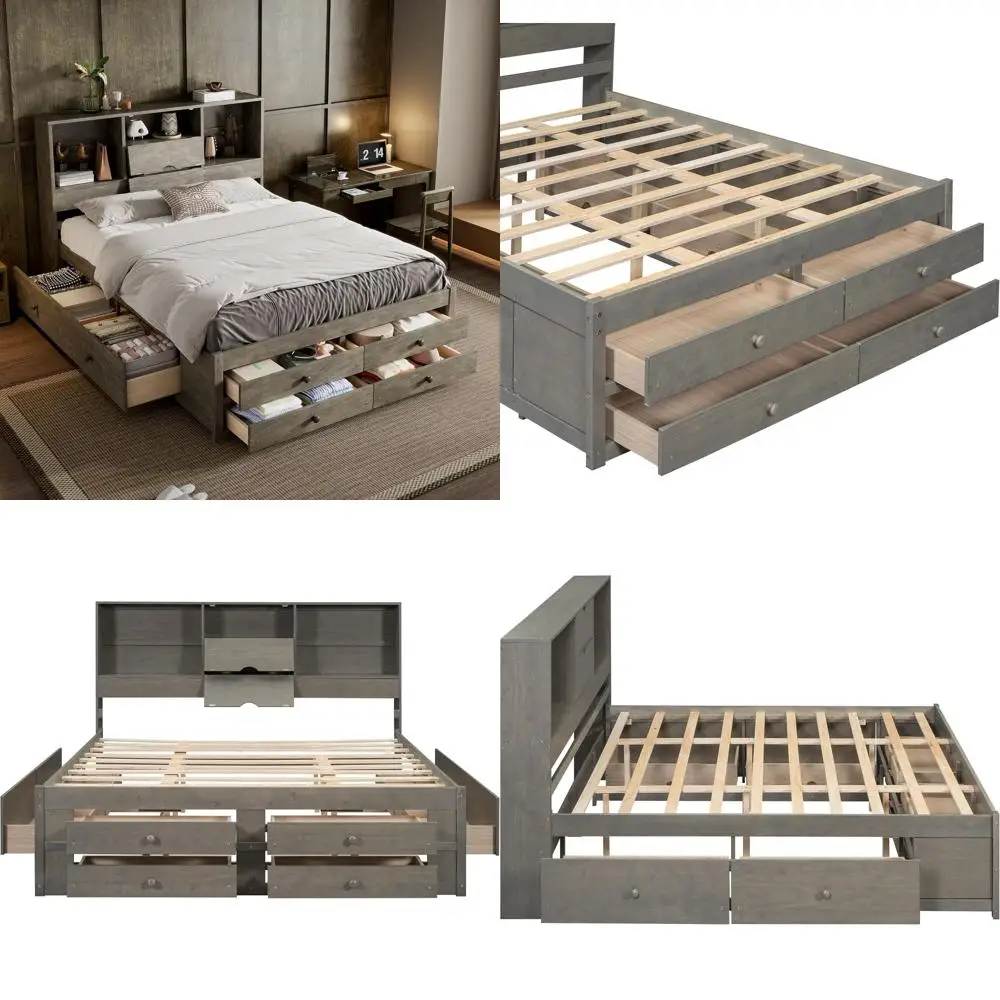 

Gray Queen Size Platform Bed with Storage Drawers and Bookcase for Kids, Teens, and Adults