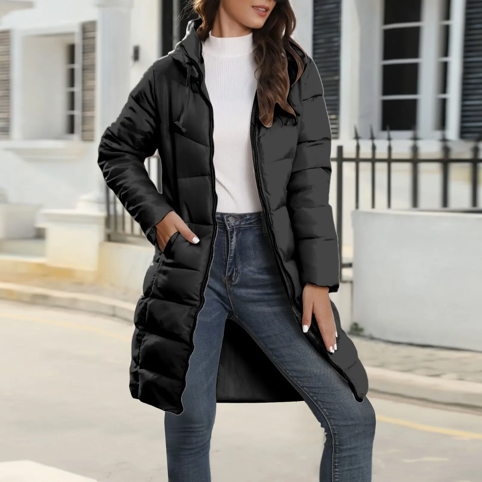 2023 Long Straight Winter Cotton Coat Women Casual Down Jacket Slim Remove Hooded Parka Oversize Fashion Outwear Plus Size Mujer