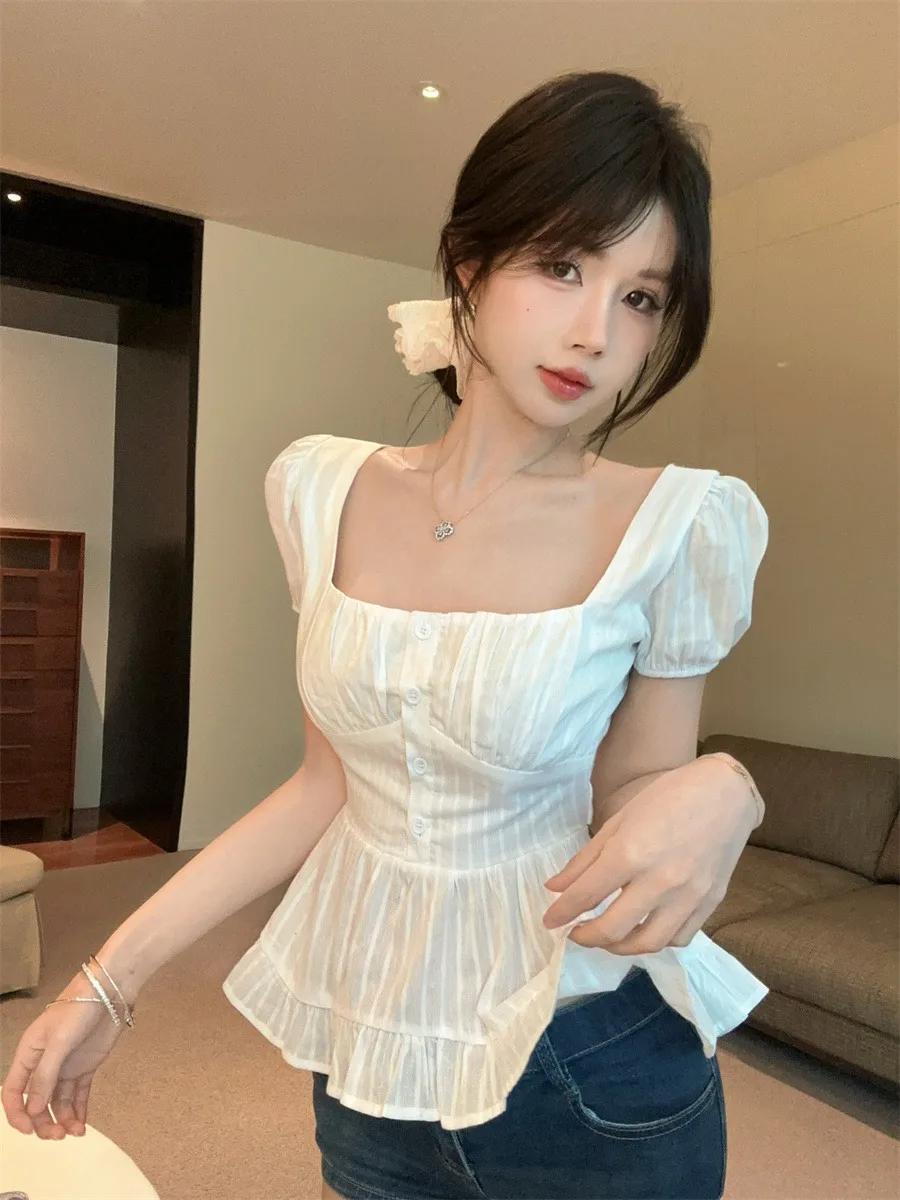 

Французская блузка в стиле Pure Desire с вырезами на спине, завязками, рукавами-фонариками, квадратным воротником и завышенной талией для женщин, летняя коллекция.