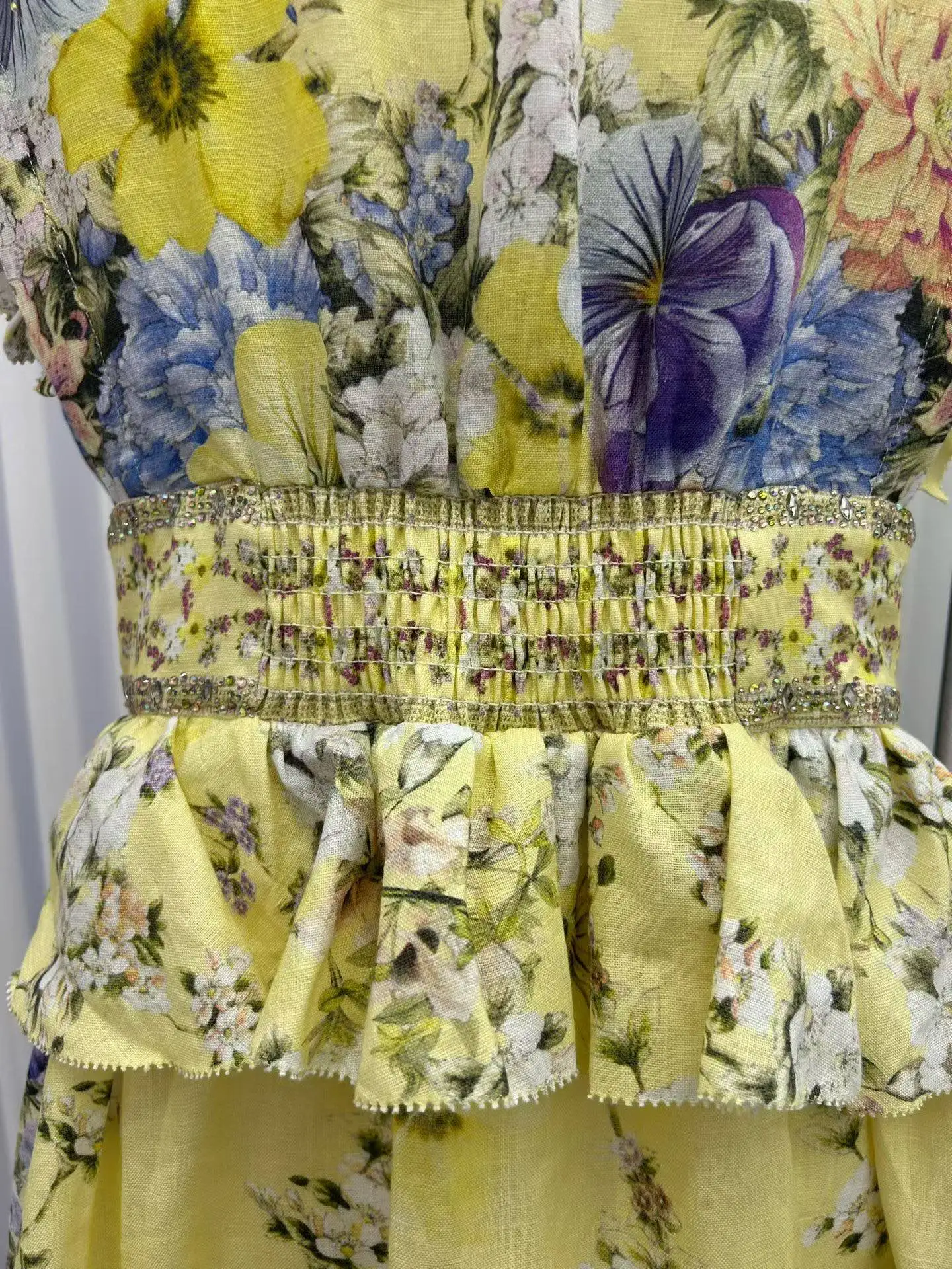 زهرة طباعة المرأة سترة صفراء فستان كريستال مطرز الخامس الرقبة تحلق كم عالية الخصر عطلة السيدات 100% الكتان رداء صغير #5