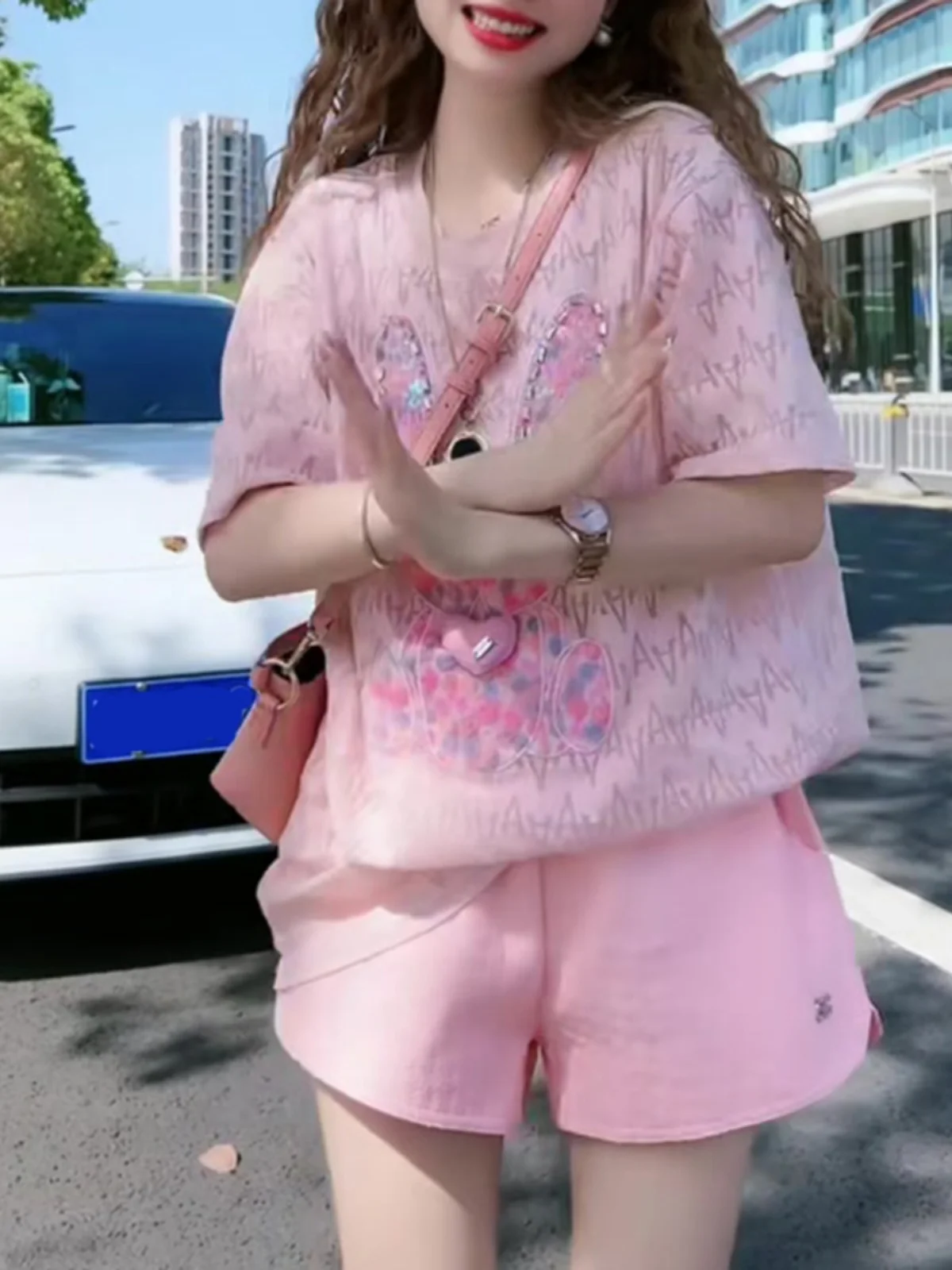 

American Sle Heavy Du Rhinestone ort Sve T-irt Women Summer New Loose Mid-Length plus Size Women's Top