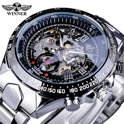 Winner 432A Men Sport Racing Design Stainless Steel silver Men Gift Watch Top Brand Luxury Automatic Mechanical Skeleton Watches