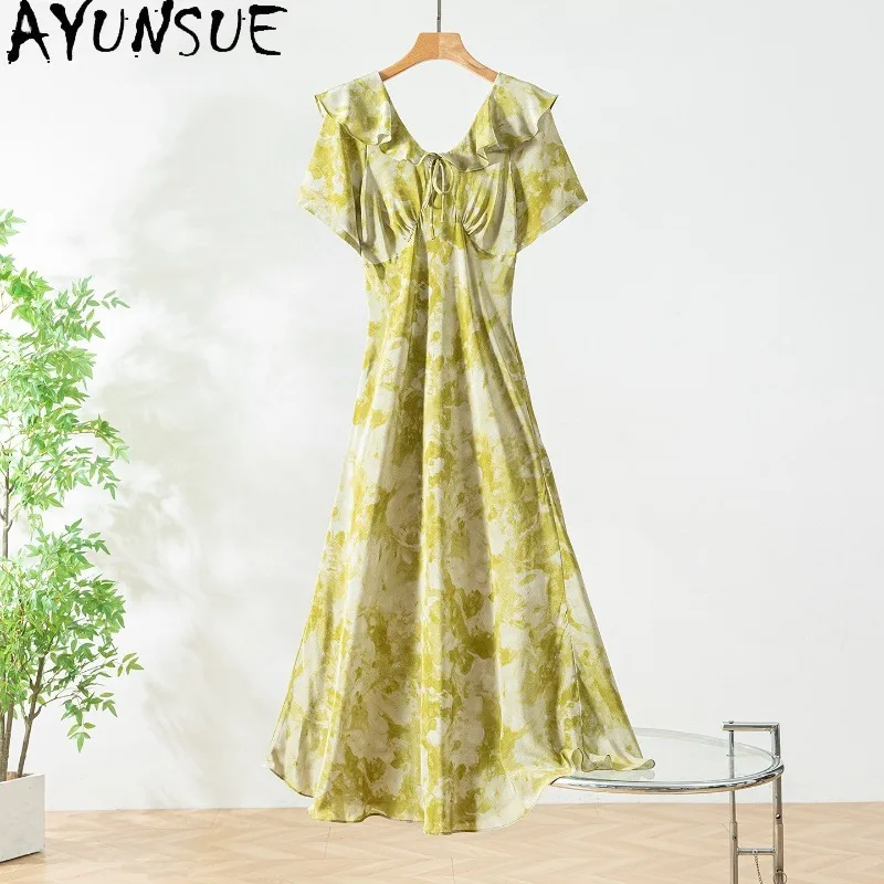 AYUNSUE 100% Silk Dresses for Women Vacation Style Long Dresses Lotus-leaf Collar Beach Dress 2026 Woman Clothes Платье Женское