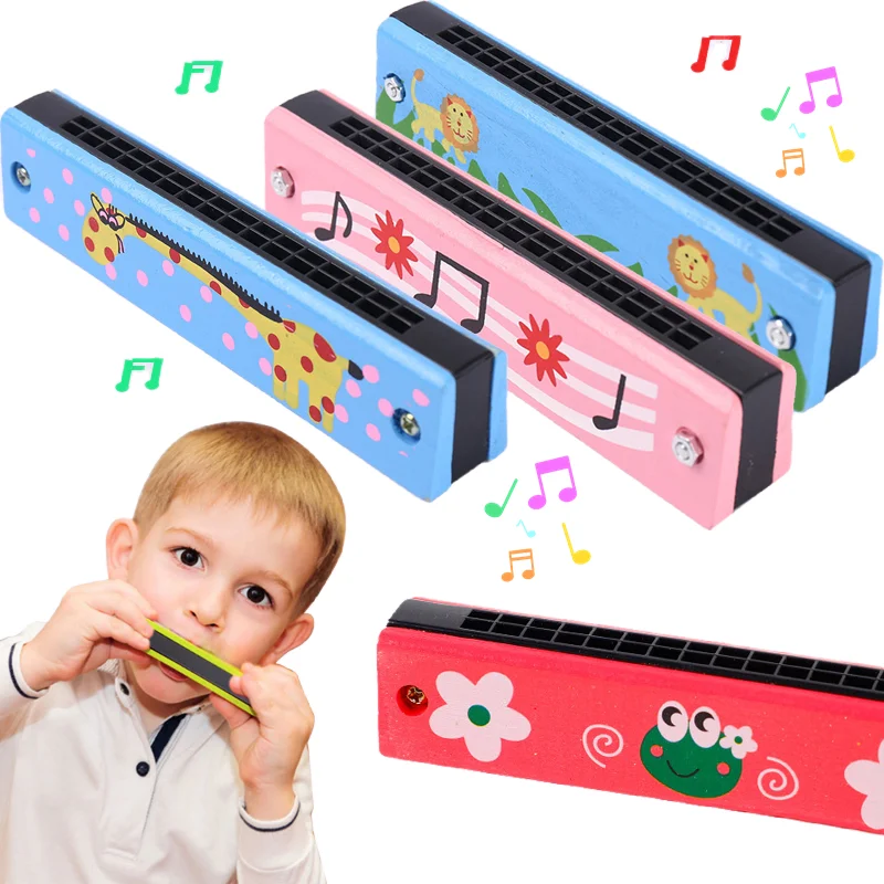 Harmonica cromática de madeira para crianças, 16 buracos, instrumento de sopro musical, mini desenhos animados, tom C, blues, brinquedos para crianças