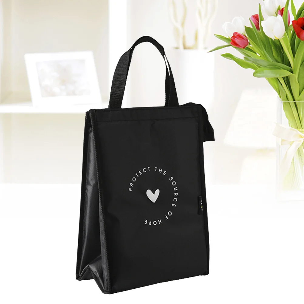 Oxford Cloth Insulated Lunch Bag Long Black Portable Food Box Storage Bag Handheld Organizer Waterproof Dirt Resistant