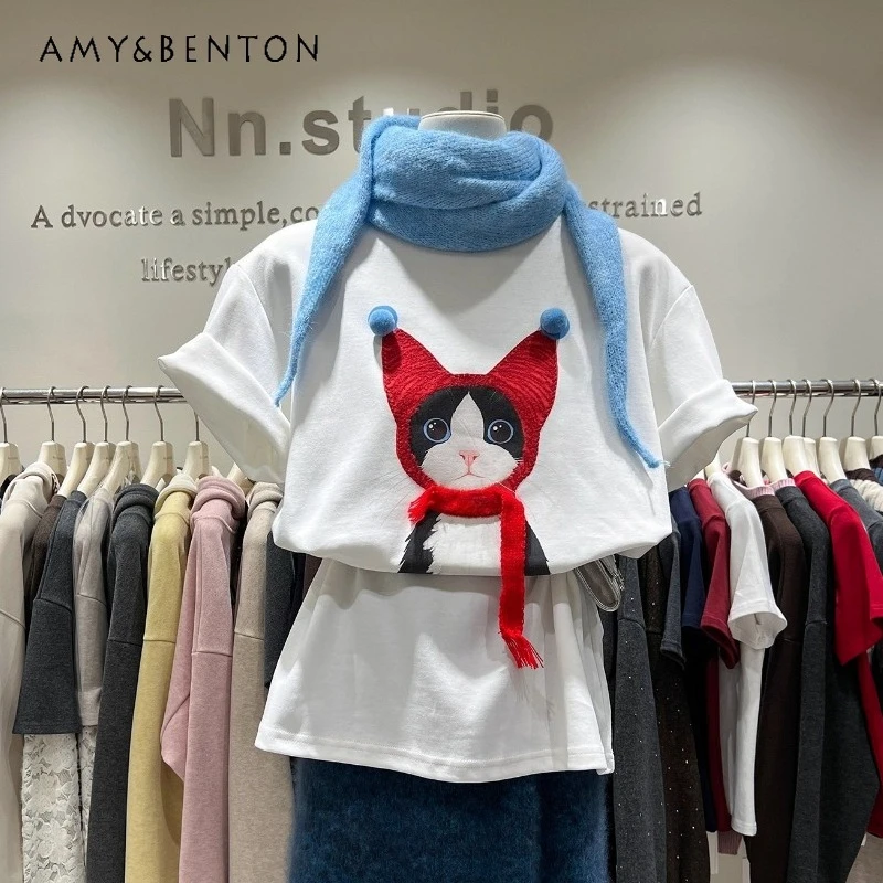 

Heavy Industry Kawaii T-shirt For Women's 2025 Autumn Winter Fun Cute Cat Stylish Age-Reducing Long Loose Tees Covering Buttocks