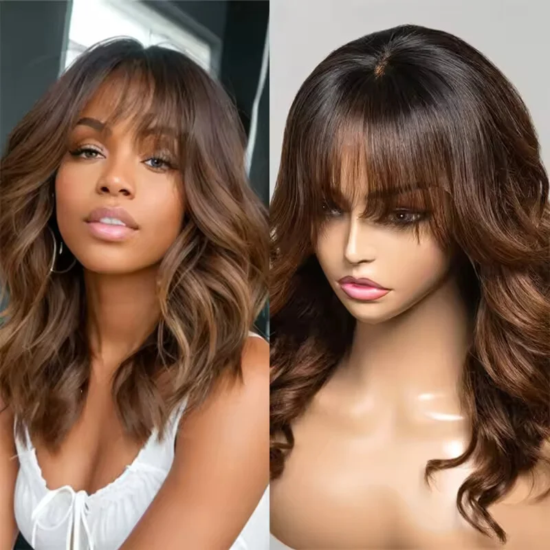 Black to Light Chestnut Brown Layered with Bangs Wavy Lace Front Human Hair Wigs