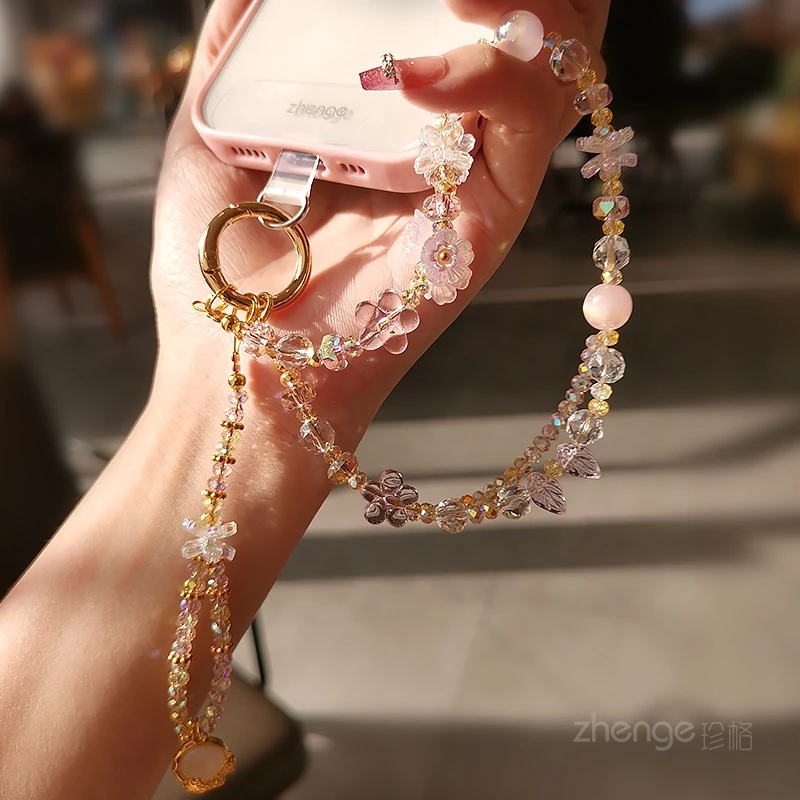 

Pink Iridescent Beaded Phone Lanyard, Luxury Rhinestone Anti-Lost Wrist Strap - Universal Phone Accessory for IPhone/Samsung
