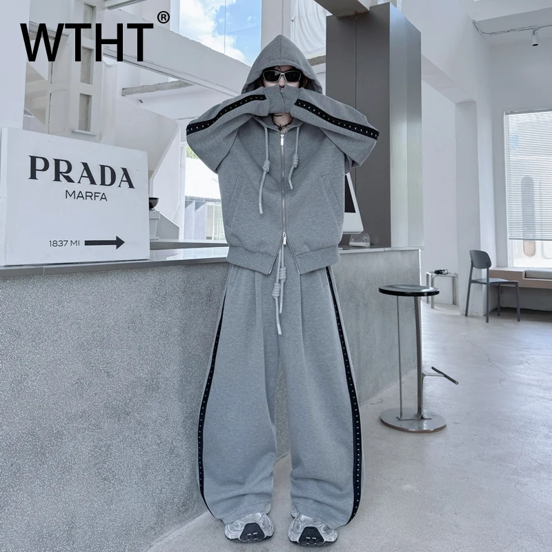 

WTHT модный мужской костюм в полоску контрастного цвета, пальто с капюшоном, прямые брюки в американском стиле, мужской комплект, осень 2023, 2A1707
