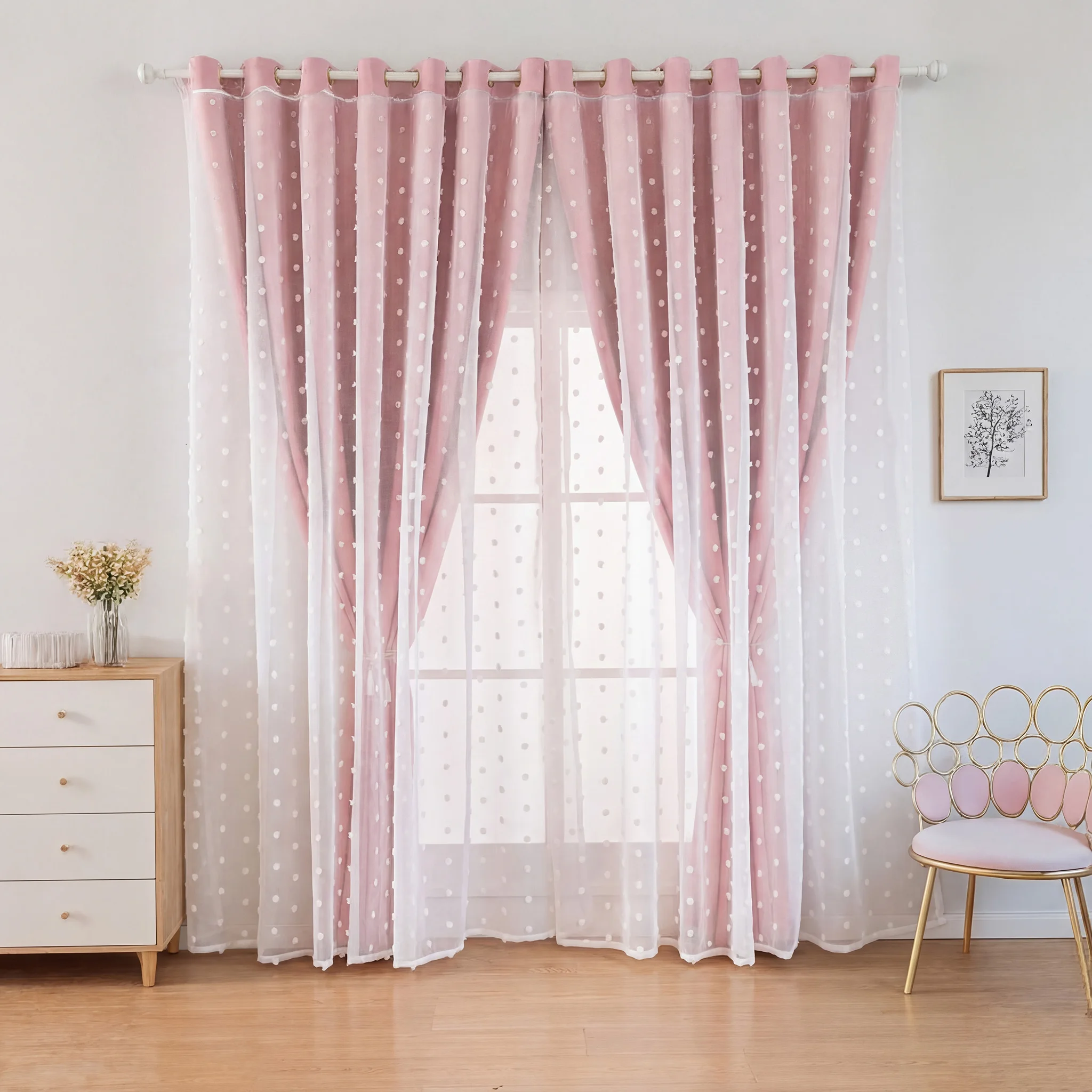 1 Piece, Sweet and Cute Style, White Double-Layer Blackout Curtains with Small Pom-Poms, Pink High-Density Polyester Lining Fabric, Eyelet Top, Soft, Smooth, Washable, Three-Dimensional Layered Effect, Suitable for Bedrooms, Living Rooms, Offices, Girls' Dormitories, Valentine's Day, Weddings, Parties