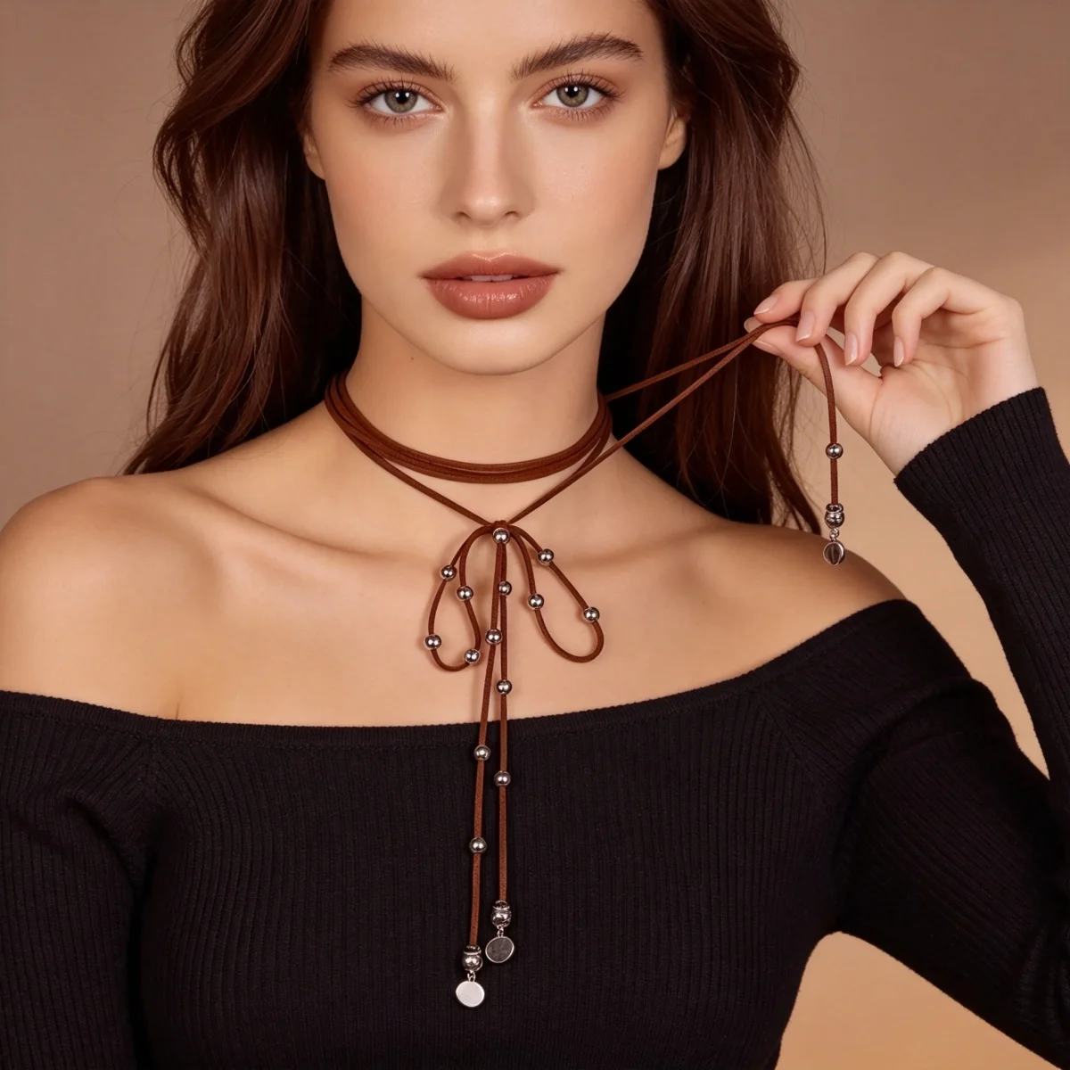 Trendige mehrschichtige Samt-Kordel-Schleifenkette für Damen und Herren, Retro-Western-Ästhetik, runde Perlen, Schleifenknoten-Choker-Schmuck. – Detail 14