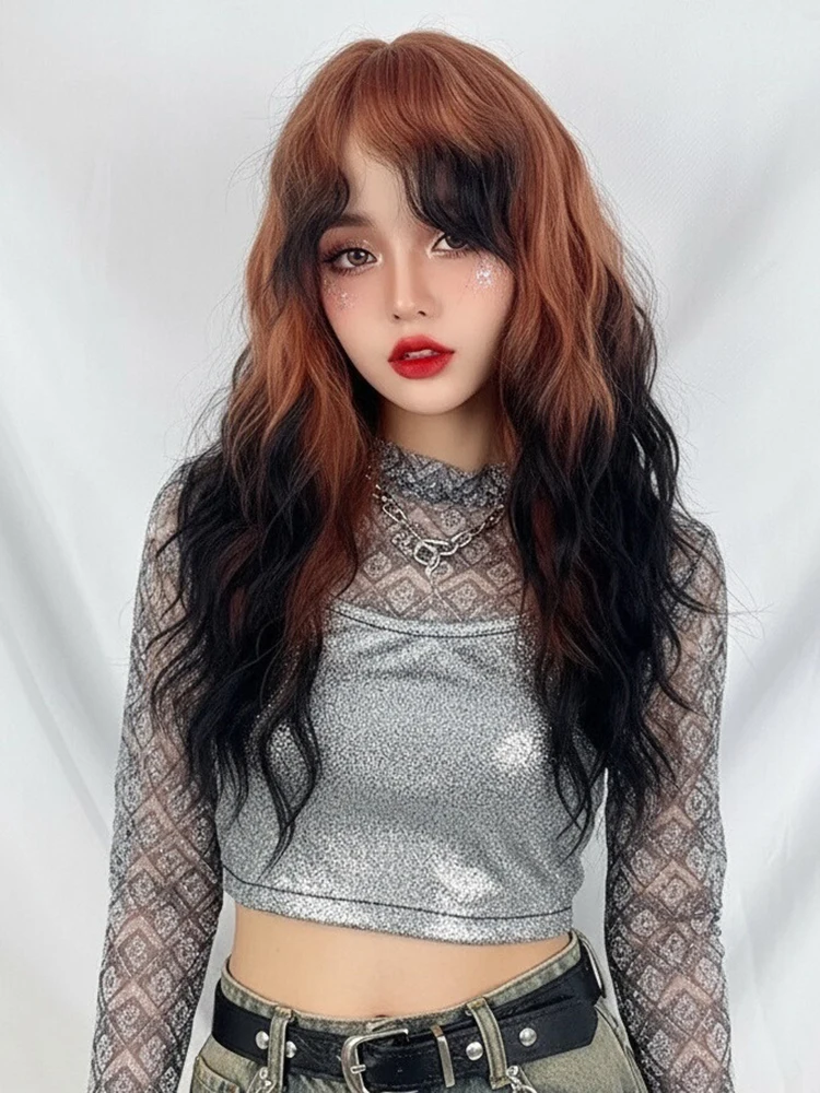 الاصطناعية طويلة متموجة مجعد أومبير برتقالي أسود شعر مستعار مع الانفجارات النساء لوليتا تأثيري شعر مستعار رقيق للحزب اليومي #1