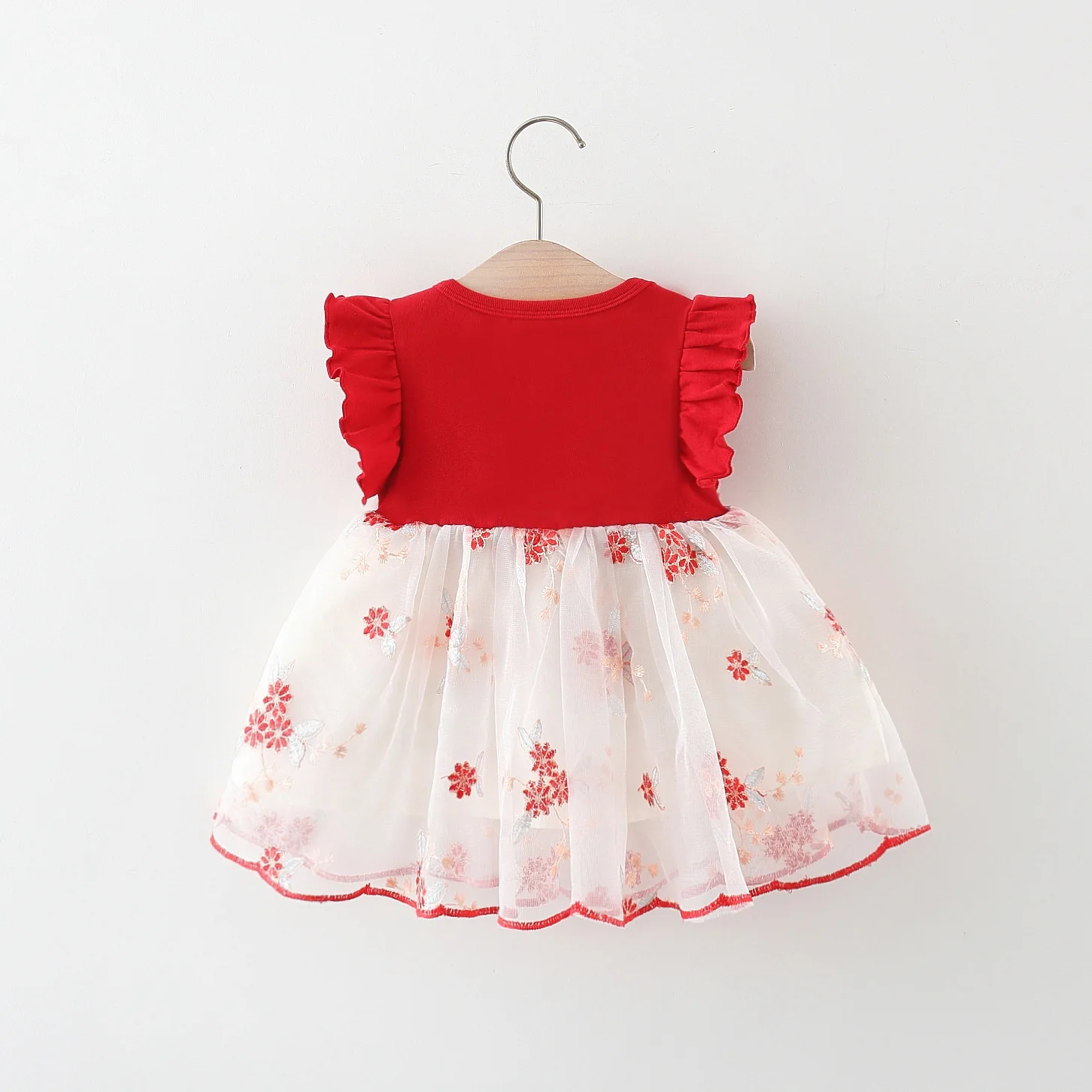 Summer New Girl Baby Dress Mesh Flower Embroidery Bow Small Flying Sleeves Fluffy Dress Sweet Princess Dress