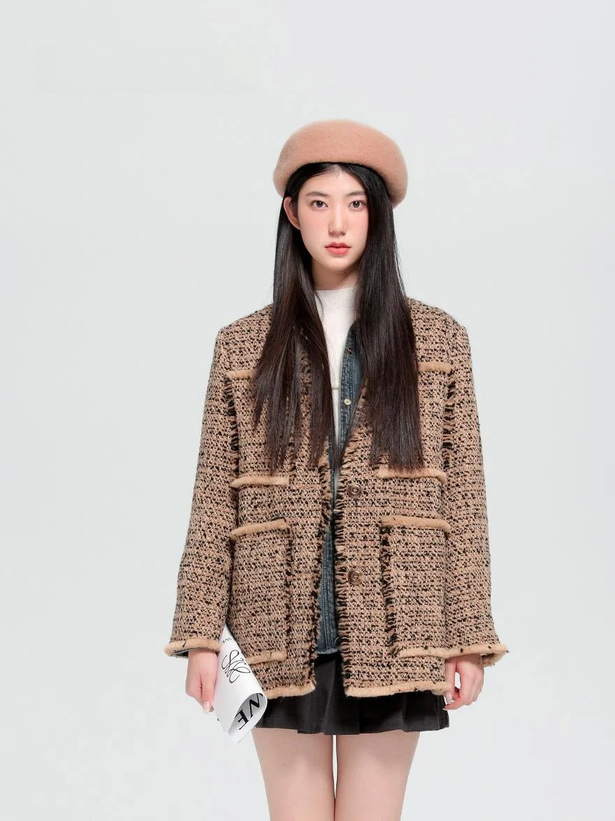 

Зимнее классическое твидовое пальто Dailanzhi: новое, простое, однотонное, шерстяное, свободного кроя, с длинными рукавами, для офиса (OL)