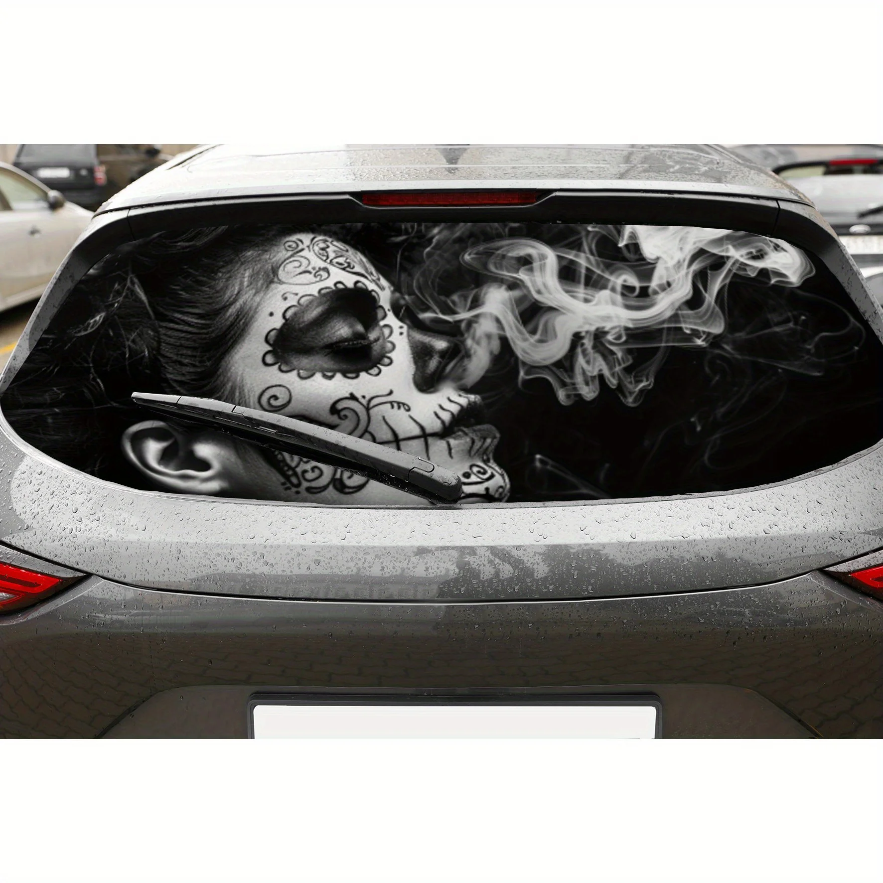 

Skull Makeup Girl Smoking PVC Perforated Car Vinyl Wraps, Durable Car Rear Windshield Sticker, Waterproof Car Rear Window Decal,