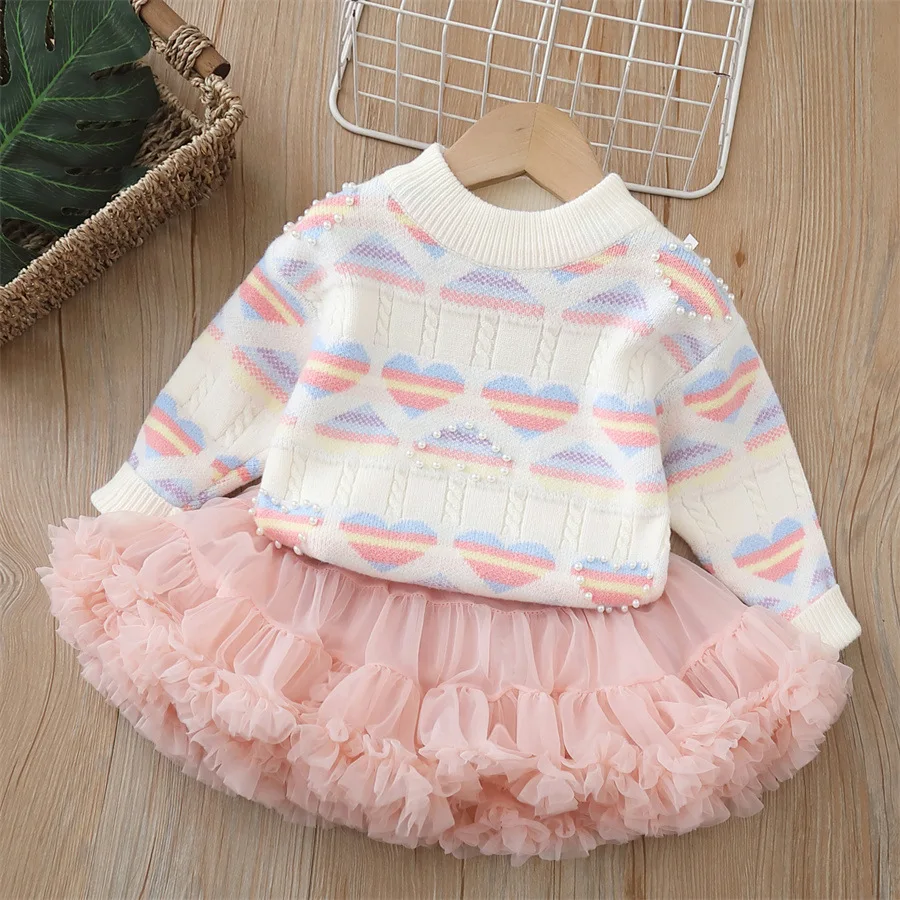 

Girls Knitted Clothes Sets Spring Autumn Children Woolen Jersey Sweaters Tops Skirts Princess Dress Suit For Baby Outfits Kids 6