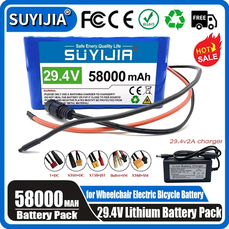 

2024 New 7S3P 24V 58000mah 18650 Rechargeable Lithium Battery 29.4V Suitable for Wheelchair Battery 24V Electric Bicycle Battery