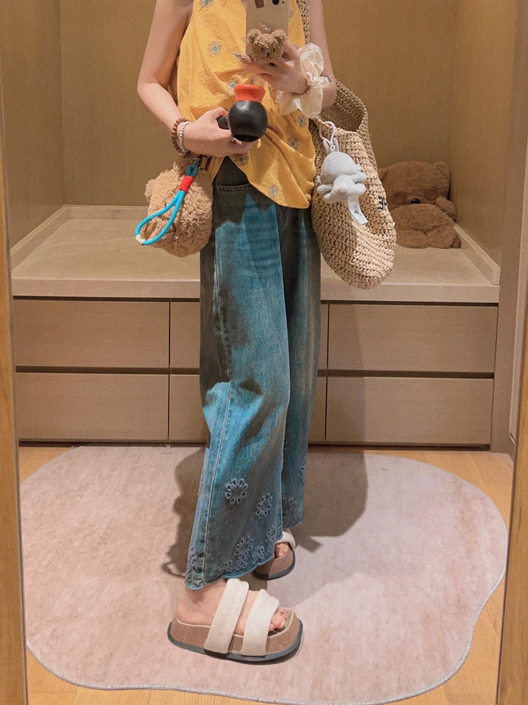 

Женские летние джинсы Deep Blue с высокой талией, широкими штанинами, длиной 7/8, маленький размер, ретро, повседневные, хлопковые, на молнии, свободного кроя