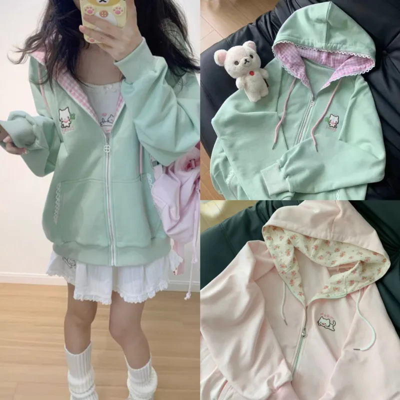 

Plaid Cat Hoodie Y2K Japanese Harajuku Korean Kawaii Hooded Coat JK Anime Long Sleeve Hoodie Subculture Long Sleeve Thin Top New