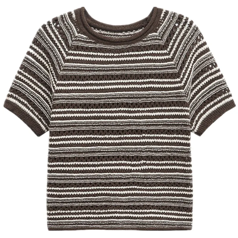 بلوزة نسائية مخططة محبوكة بأكمام قصيرة وتصميم أنيق لربيع وصيف 2025، نمط عملي بطول عادي #2