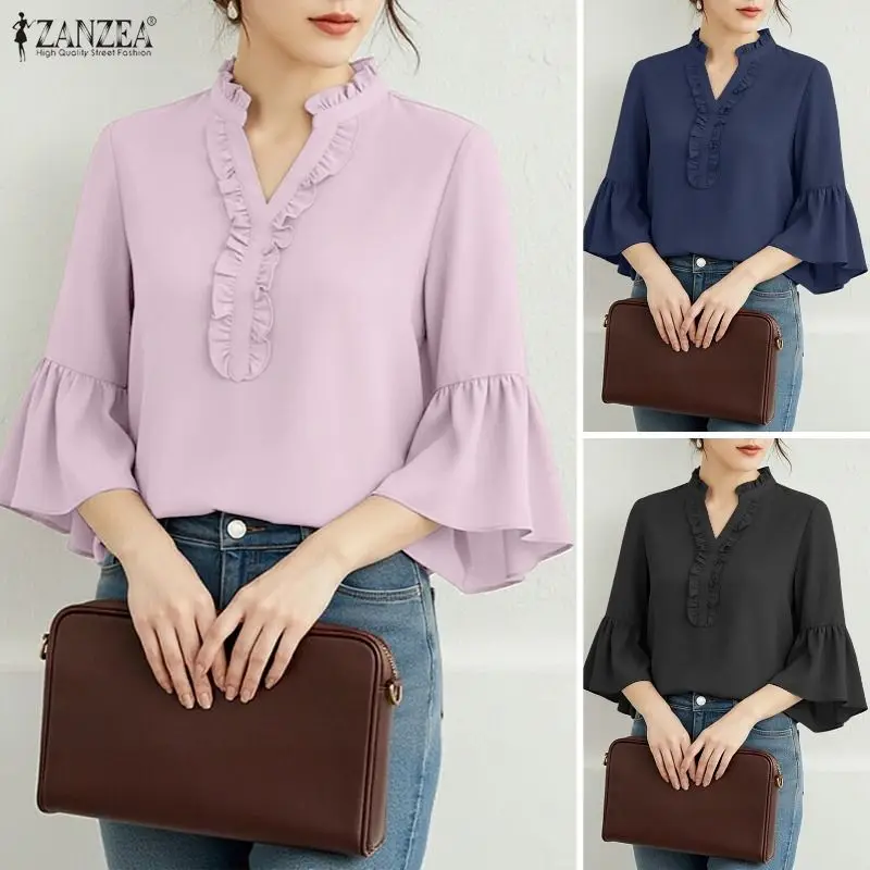 

Летняя офисная рубашка ZANZEA 2026: Элегантная женская блузка с V-образным вырезом, рукавами 3/4 и расклешенными рукавами, повседневный однотонный топ с оборками для работы, туника, блуза для женщин