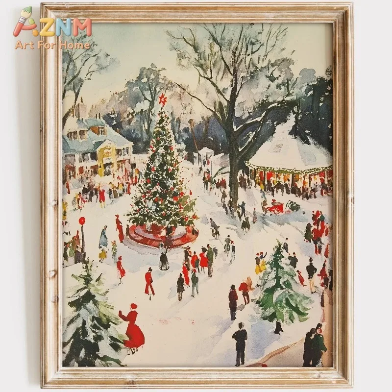 Vintage Christmas Market Snow Town Tree Canvas Poster Prints Frameless Wall Art Festive Winter Cozy Warm Soft Cute Decorations