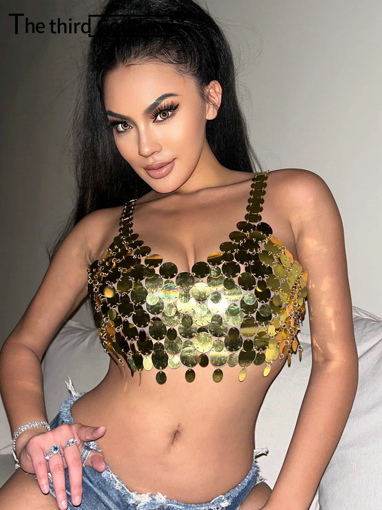 Sexy y2k clothes metal sequin corset crop top women summer see through beach club party tops woman body cropped halter tank top
