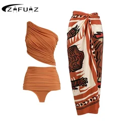 ZAFUAZ 2024 One Shoulder Swimsuit Sexy Women Swimwear Bikini Beachwear Dress Vintage High Waist Bikinis Set BathingSuit Skirt