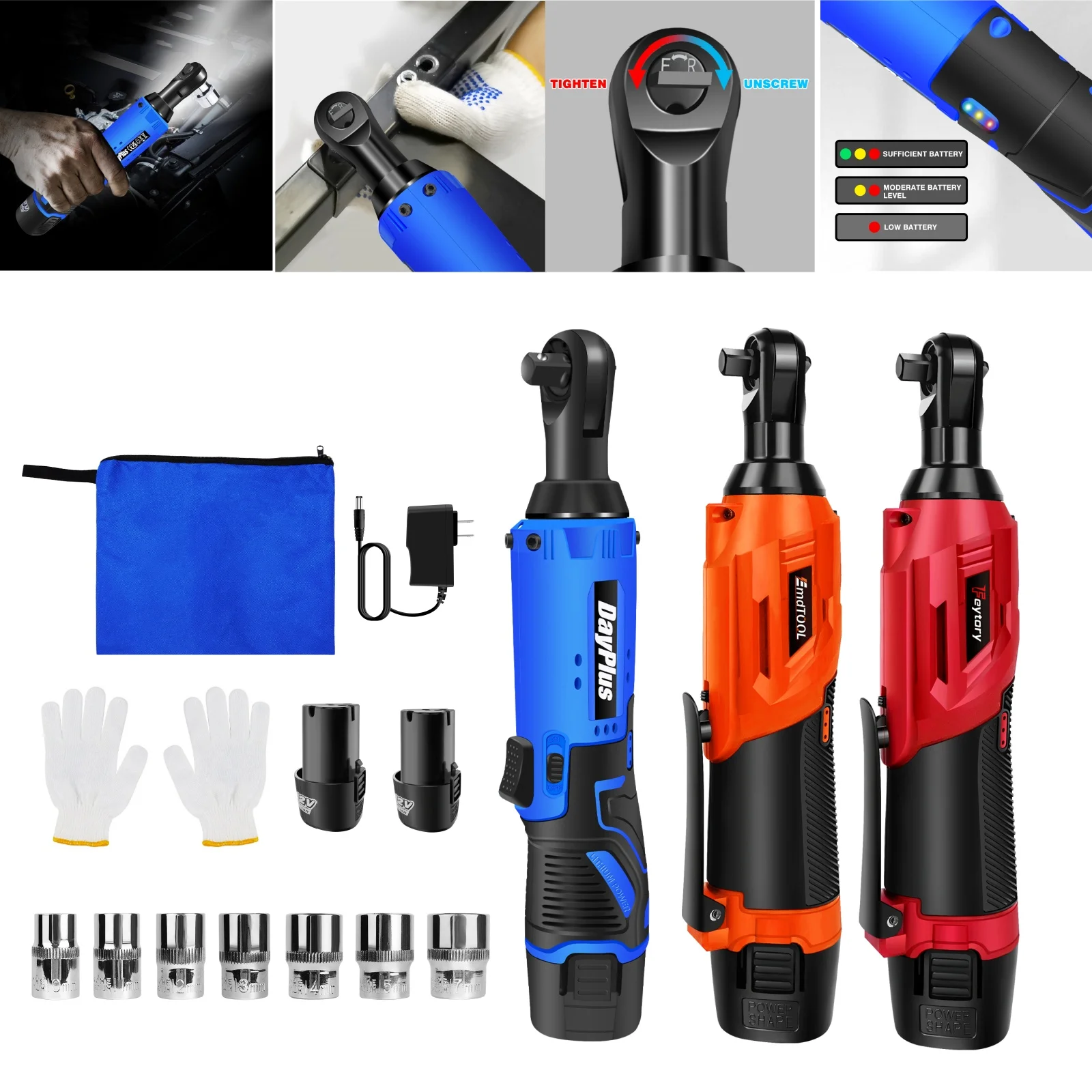 

12V Cordless Electric Wrench 3/8" Electric Ratchet Wrench Power Ratchet Kit with 2 x1500mAh Batteries,Charger,7 Sockets,Gloves